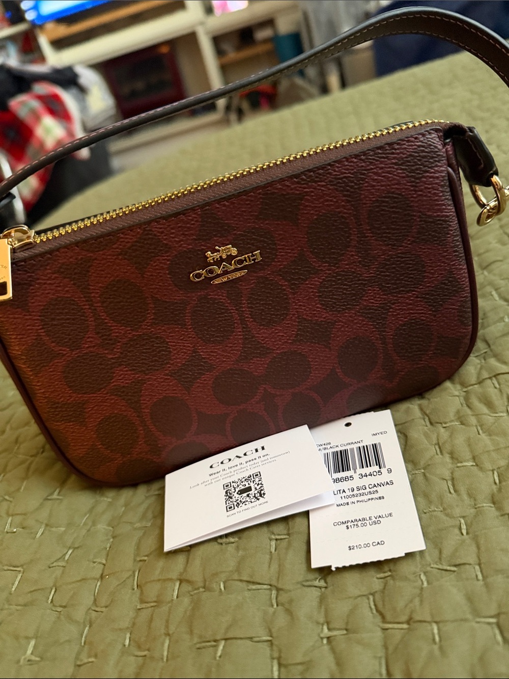 Coach Burgundy Signature Canvas Wristlet with Gold Hardware NWT